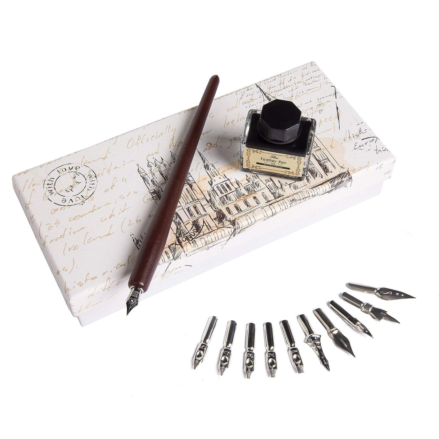Hethrone Wooden Dip Pen Calligraphy Set For Beginners With 11 Nibs & Black Ink 
