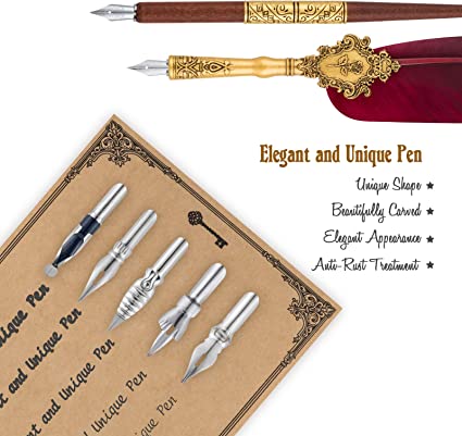 Vintage-Style Feather Quill Dip Pen & Ink Set with Quill, Ink & Nibs